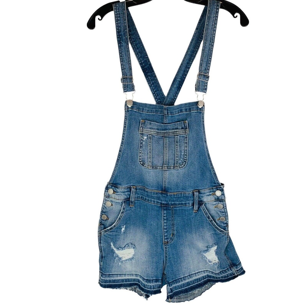 Judy Blue Overall Shorts Distressed Raw Hem. Medium.Light Wash Blue Pocket